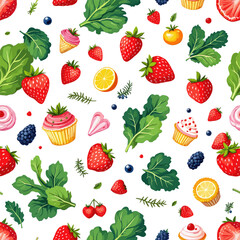 A variety of fruits and vegetables, including strawberries, blueberries, oranges, grapes, and leafy greens, arranged in a repeating design. Vector patterns, random pattern