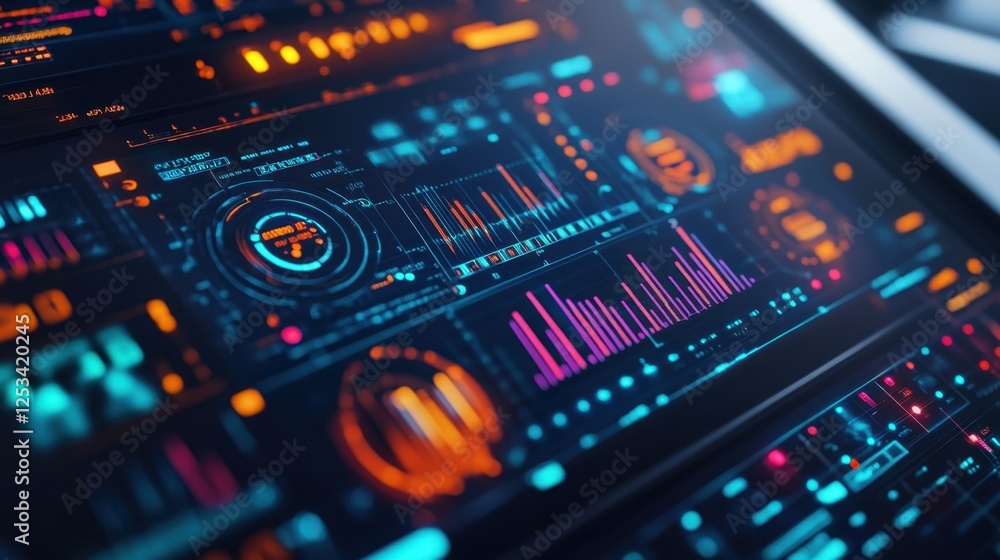 Poster futuristic interface displaying complex data analysis and processing information with colorful chart