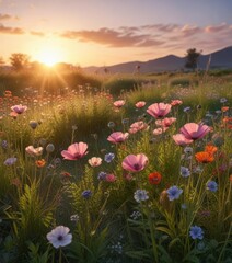 Obraz premium Amapolas in a field with tall grasses and wildflowers, caught in the act of sunset, wildflowers, landscape