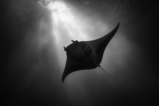 Large stingray is swimming in the water. The image is in black and white, giving it a moody and mysterious feel