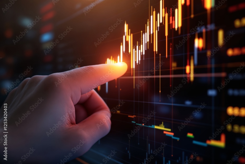 Poster a hand interacting with glowing stock market data graph on a dark background.
