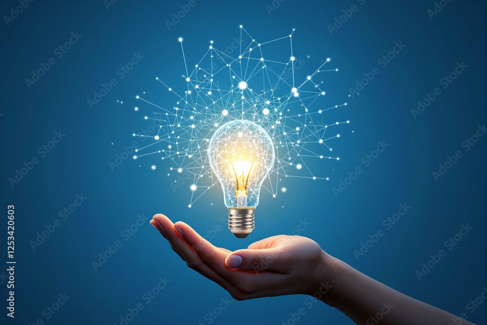 Poster a glowing light bulb surrounded by a network of connections held in an open hand.