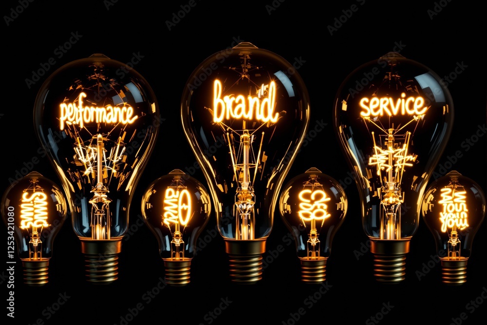 Poster illuminated lightbulbs with glowing text concepts for performance, brand, and service on a black bac