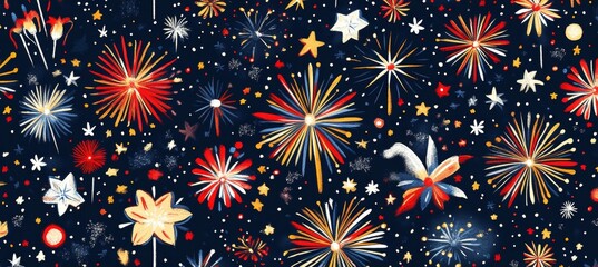 Colorful Fireworks on Navy Blue, Seamless Pattern for Festive Celebrations Illuminated Night Sky