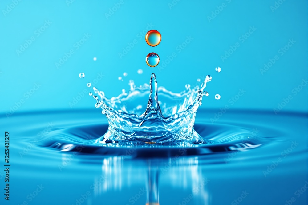 Poster water splash with droplets captured in motion on blue background.