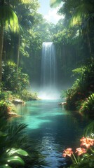 Tropical Waterfall Cascading Through Lush Rainforest