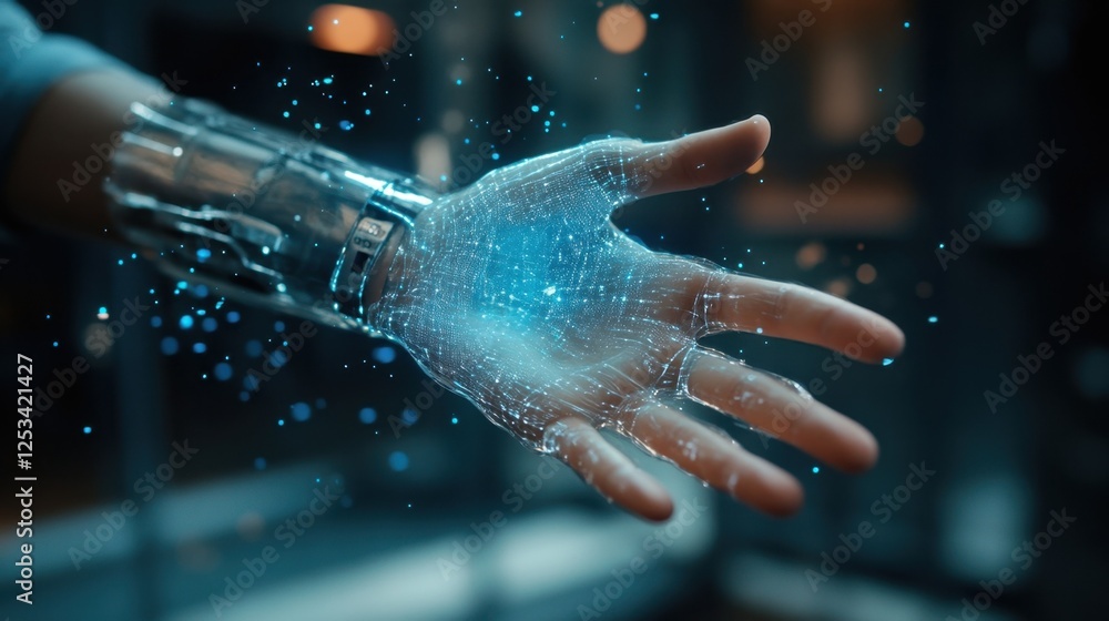Poster high tech robotic hand displaying a digital interface, illustrating the intersection of technology a