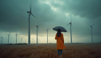 A young woman with an umbrella walks through a field