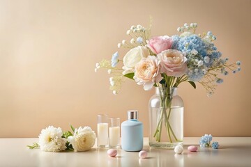 Pastel Blooms and Aromatic Essence A Serene Still Life Featuring Delicate Flowers in a Glass Vase, Accompanied by Elegant Perfume Bottle and Small Candles on a Neutral Surface
