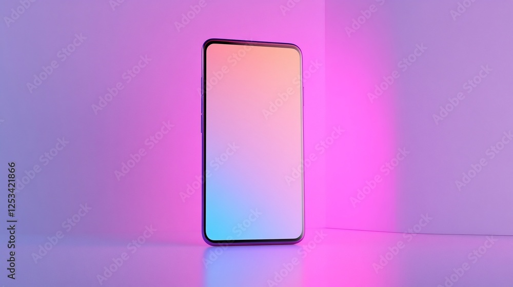 Poster a modern smartphone with a blank screen displayed in a vibrant colorful scene