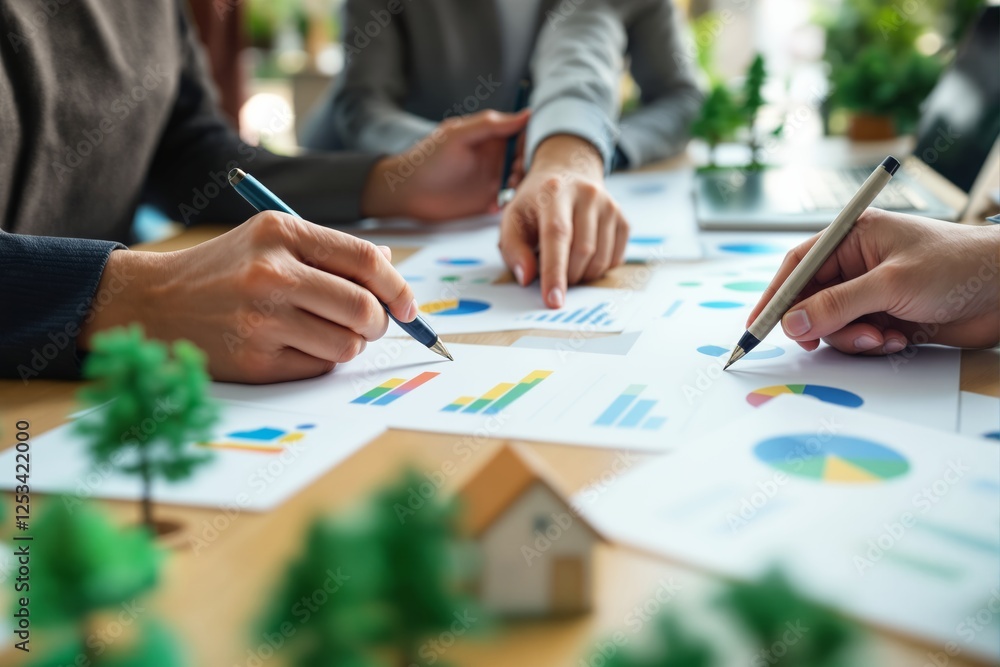 Aufkleber Collaborative team analyzing graphs and charts on wooden table with blurred greenery background.