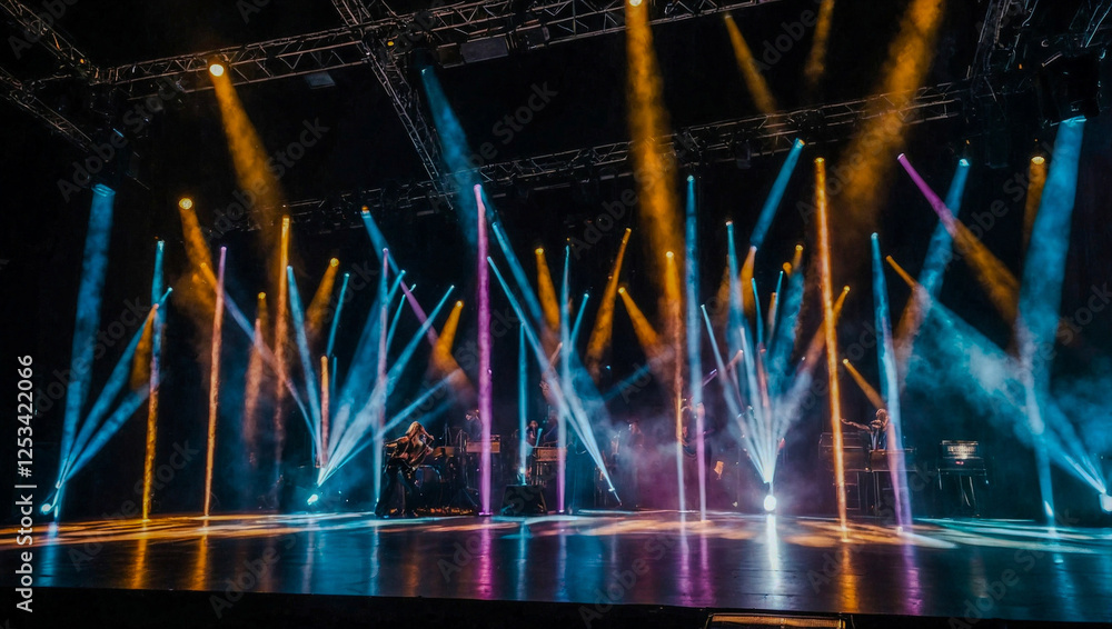 Poster vibrant stage lighting effects during a live performance, creating a hazy atmosphere for events and 