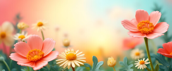 Colorful flower garden with pink and yellow blooms, cheerful and vibrant, on soft pastel background, copy space