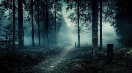 Obraz premium Forest background picture showing A dense forest at night, with tall trees and eerie shadows in the background
