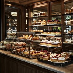 Hotel bakery pastries display, breakfast buffet, delicious sweets, luxury hotel