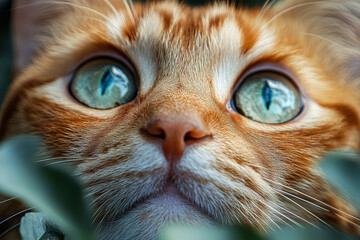 Cat with green eyes is looking at the camera. The cat's eyes are bright and captivating, drawing the viewer's attention. Concept of curiosity and playfulness