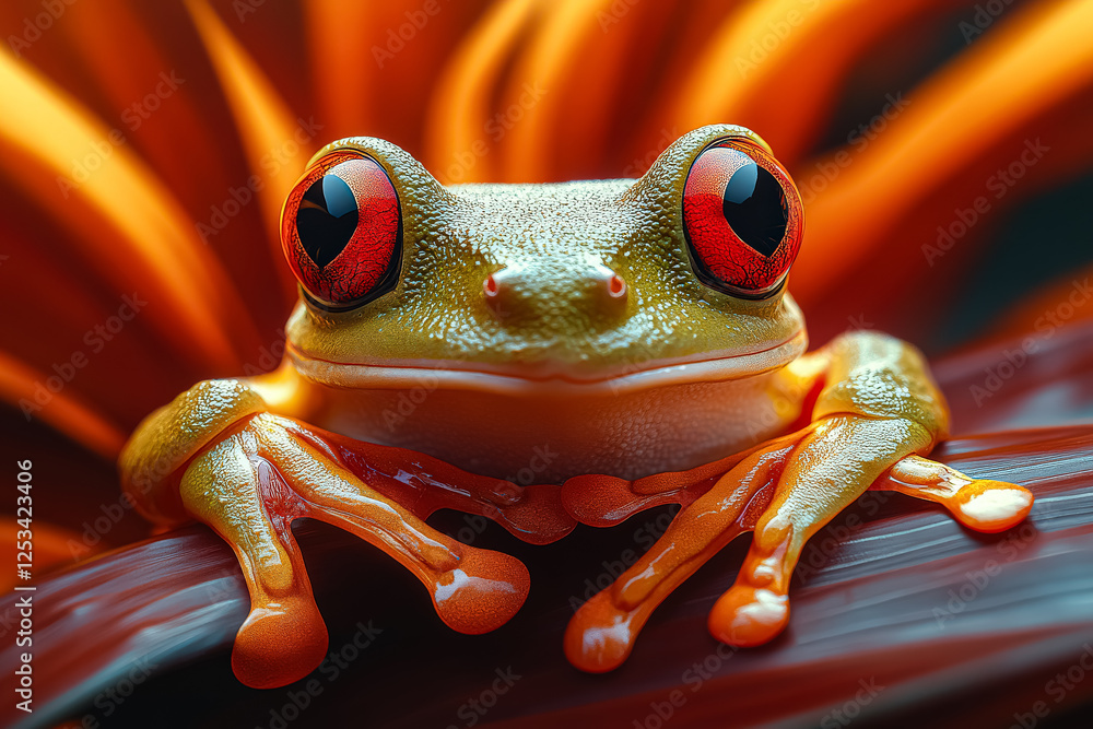 Poster frog with red eyes is sitting on a leaf. the frog is looking at the camera. the image has a warm and
