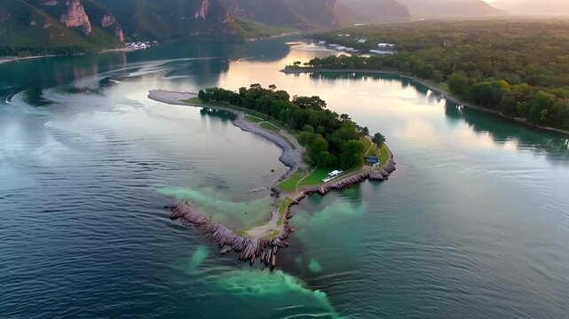 Aerial Laos at sunset of Don det and 4000 island Mekong river drone footage travel destination south