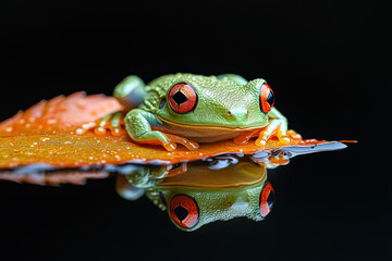 Frog is sitting on a leaf and its reflection is visible in the water. Concept of tranquility and peacefulness, as the frog seems to be enjoying its surroundings