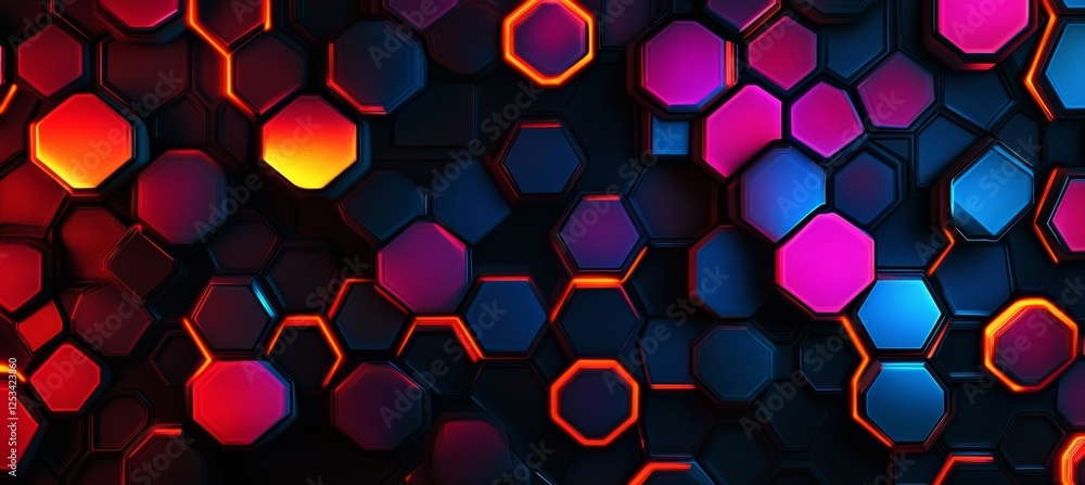 Poster vibrant hexagonal grid, modern tech design background with glowing lights and futuristic patterns
