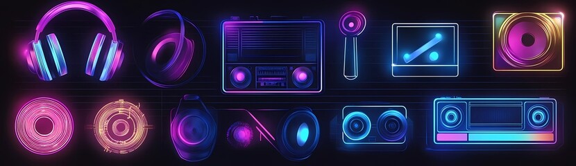 Neon music elements set, DJ headphones and cassette tape symbols collection on a dark background,