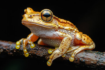 Fototapeta premium Frog with red eyes is sitting on a leaf. The frog is looking at the camera. The image has a warm and inviting mood