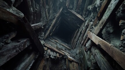 Obraz premium A vertical view of a dark, wooden mine shaft illuminated from below.