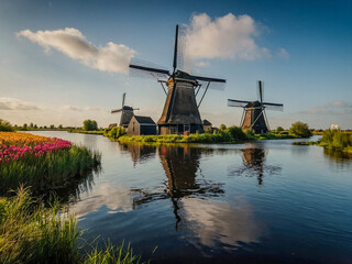 Fototapeta premium View of traditional windmills in Kinderdijk, Netherlands.