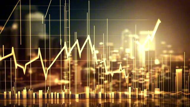 Financial market trends showcased through dynamic data visualization in an urban environment at dusk