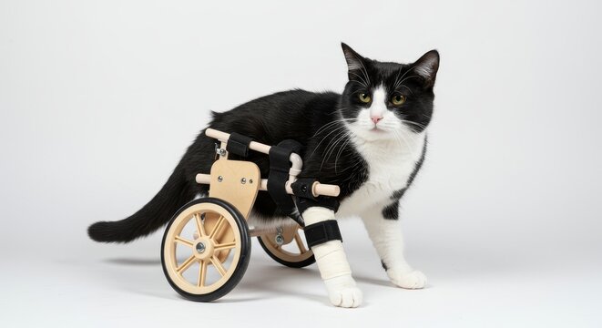 Cat in Wooden Wheelchair - A tuxedo cat uses a custom-made wooden wheelchair, symbolizing resilience, adaptability, pet care, animal support, and veterinary innovation.