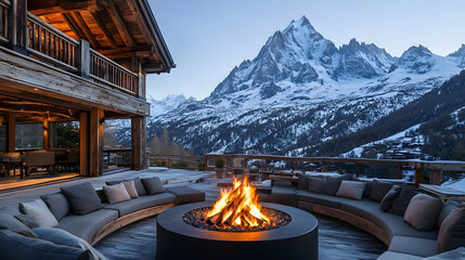A luxurious wooden chalet, with a large fire pit in the center of an outdoor terrace
