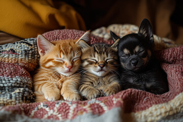 Three cats are sleeping on a blanket. One is orange, one is black, and one is brown