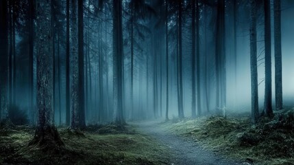 Forest background picture showing A dense forest at night, with tall trees and eerie shadows in the background