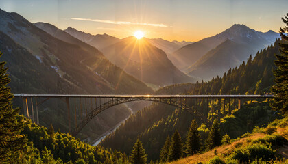 Un pont en arc métallique au-dessus d'un cours d'eau dans un paysage montagneux