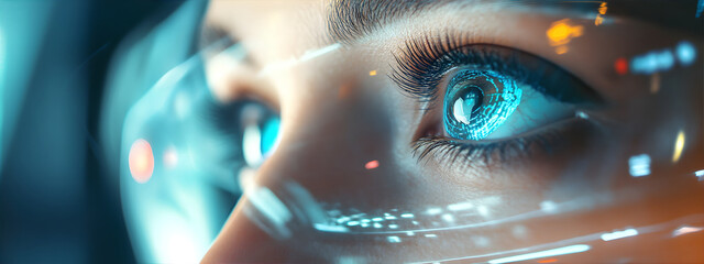Close-up of ai robot's eyes. Neon lighting in the eye for recognizing and reading information. Human robot during surgery. Portrait of a surgeon.	