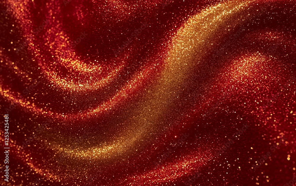 Poster luxurious golden glitter with sparkling swirls on a deep rich red background featuring an elegant ab