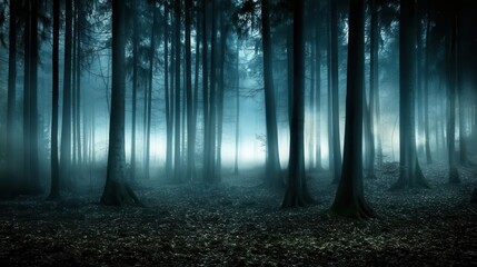 Fototapeta premium Forest background picture showing A dense forest at night, with tall trees and eerie shadows in the background