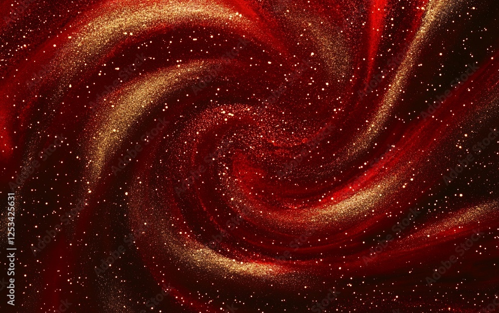 Poster golden glittering spiral with a stunning swirling motion on a dark red velvet background creating a 