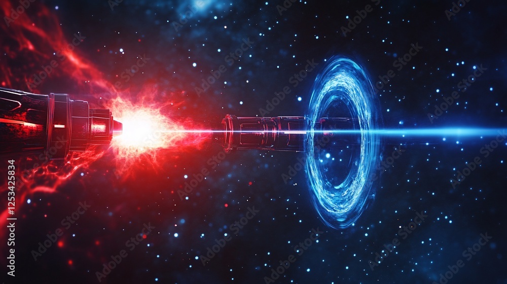 Poster cosmic portal creation with energy beam in deep space between structures