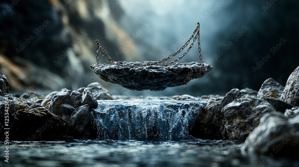 Poster floating rock design over waterfall mystical landscape digital art natural elements eye-level view u