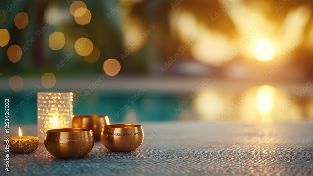 Poster serene setting with candles and bowls by pool at sunset, creating tranquil atmosphere. warm glow enh