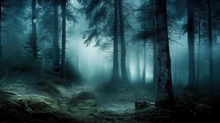 Obraz premium Forest background picture showing A dense forest at night, with tall trees and eerie shadows in the background