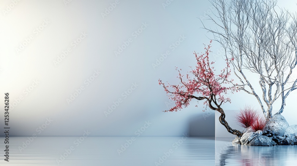 Aufkleber minimalist nature scene with textured elements tranquil waters digital art serene environment aesthe