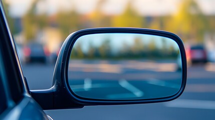 Blurred Parking Lot Reflected in Car Rearview Mirror with Selective Focus