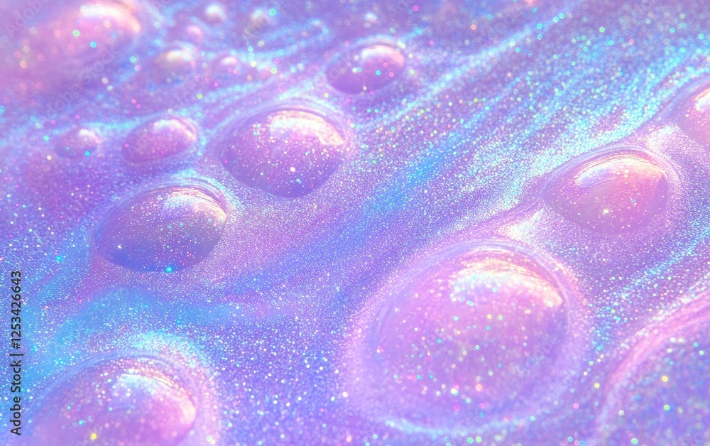 Poster glowing pearlescent bubbles floating on a soft pastel fluid background with a smooth and luminous te
