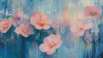 A vibrant abstract painting featuring soft pink flowers against a blue background.