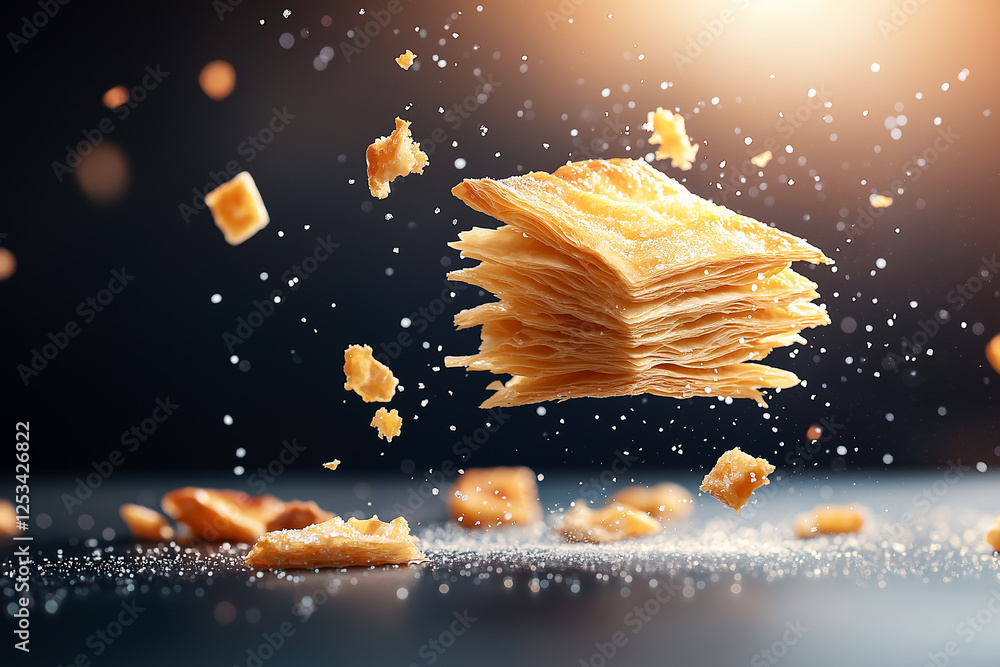 Poster crispy layers of greek pastry float gracefully in air, surrounded by sprinkle of sugar, creating del