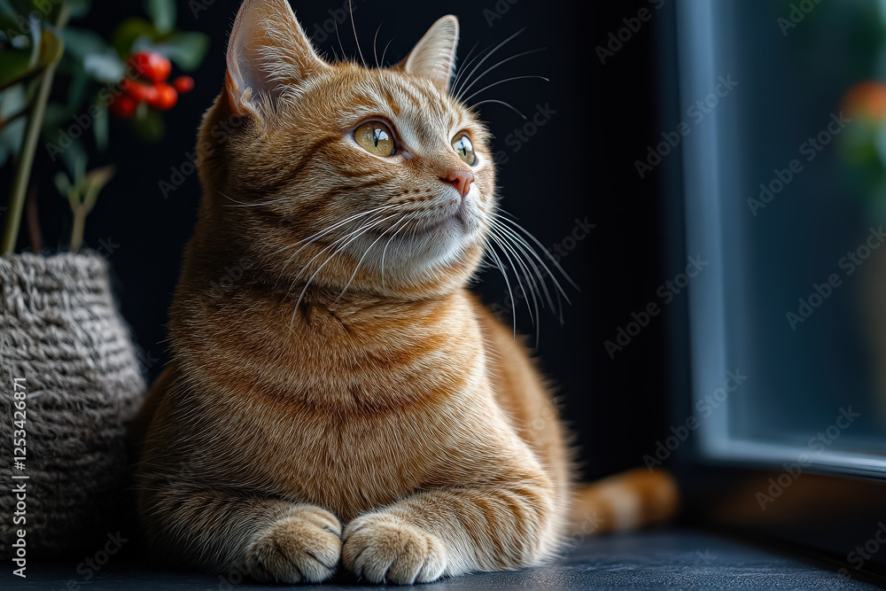 Poster cat is laying on a window sill, looking out the window. the cat is orange and has a curious expressi