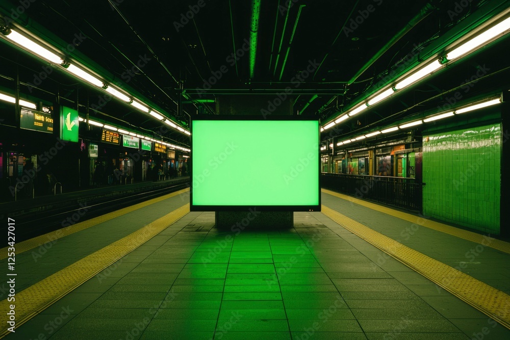 Poster empty subway station platform with green screen display