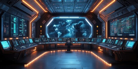 Futuristic Spaceship Bridge Command Center:  A Digital World Map on the Main Screen Shows Global Network Connections, High-Tech Consoles, and a Sleek Design.
